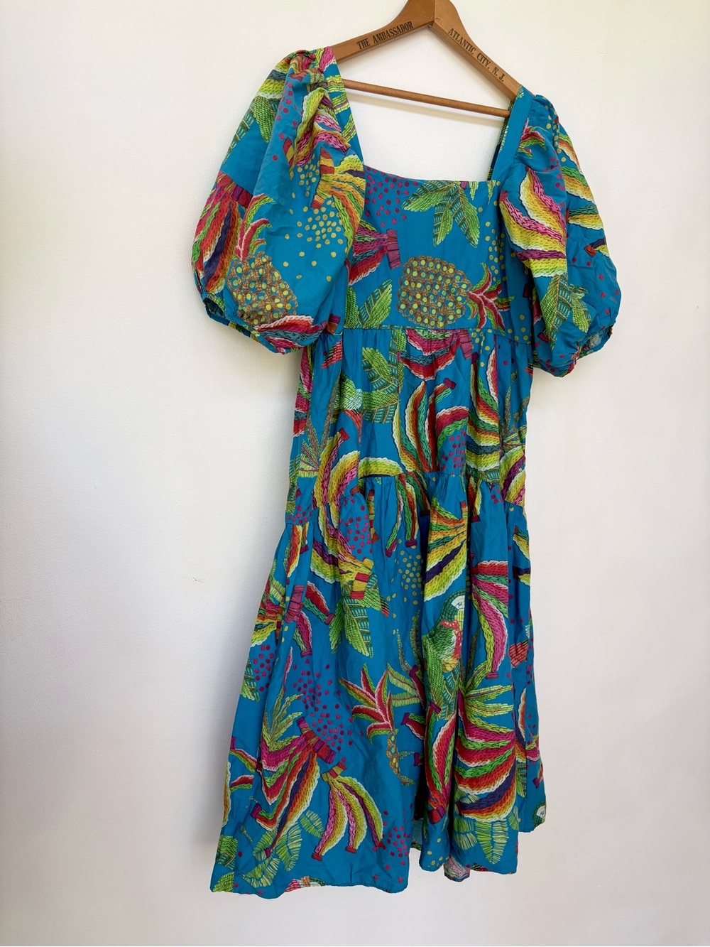FARM Rio Blue Banana Puff-Sleeve Midi Dress with Multicolor Tropical Print